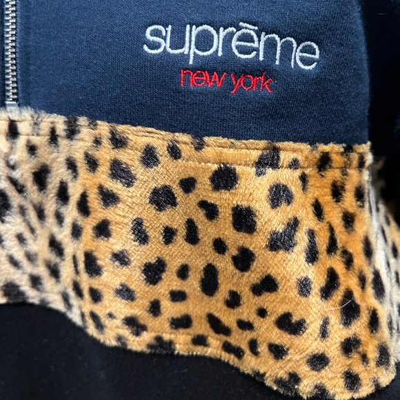 SUPREME Faux Fur Leopard Cheetah Half Zip Sweatshirt navy black Unisex - Picture 6 of 7